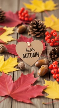 Hello autumn heart decoration with colorful leaves, acorns and pinecones photo