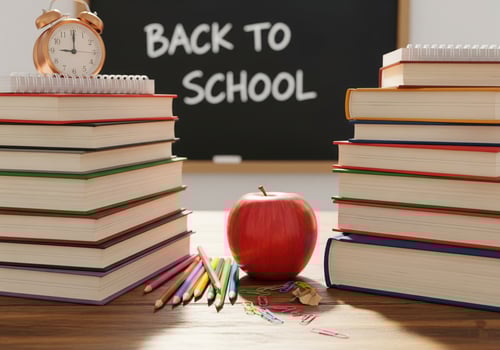 apple and books, Back to school concept, A green chalkboard with the words back to school written on it, school office supplies photo