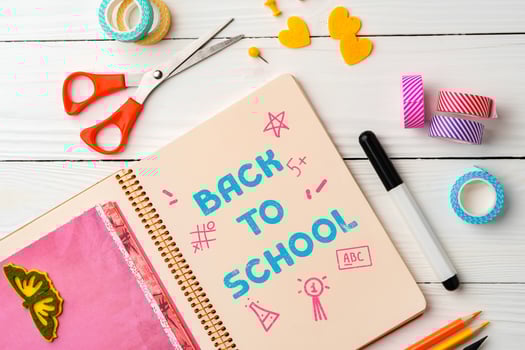 Creative back to school preparation with colorful supplies and stationery on a wooden table photo