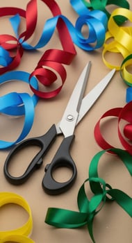 Scissors and colorful ribbons for crafting and decoration photo