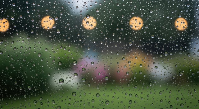 Rain drops on a window with a blurred background photo