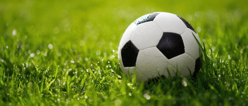 The soccer ball resting on lush green grass after a refreshing rain shower. photo