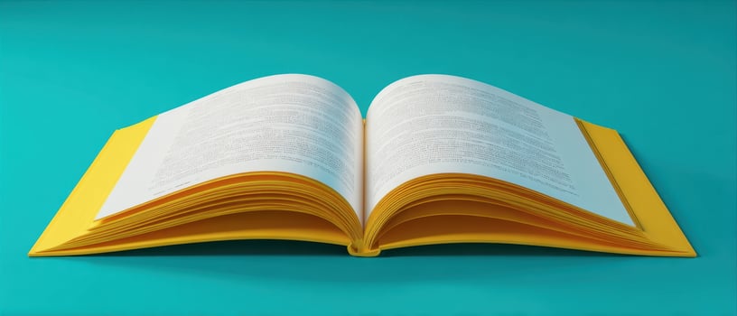 The open book with vibrant yellow cover on teal background photo