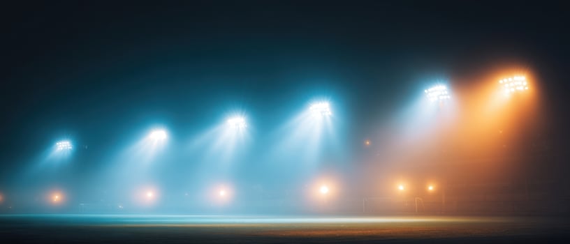 The illuminated sports field shrouded in mist and colorful lights at night. photo