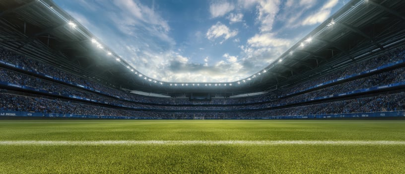 The expansive football stadium with vibrant skies and enthusiastic crowd atmosphere photo