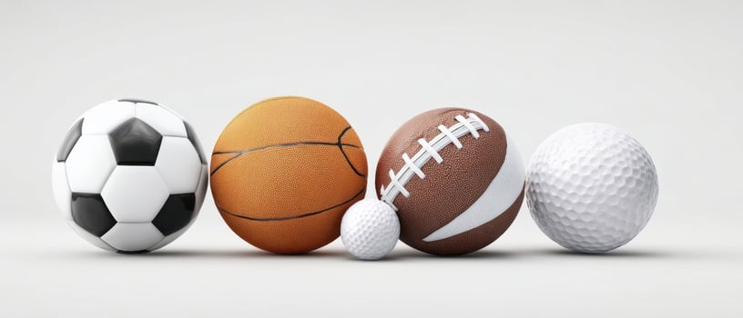 The collection of various sports balls arranged on a light background. photo