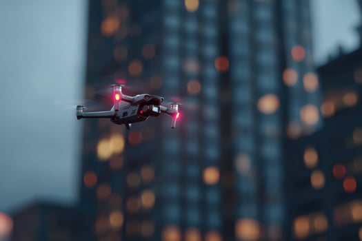 Drone in Flight Over Cityscape at Dusk with Vibrant Lights and Modern Architecture in Background photo