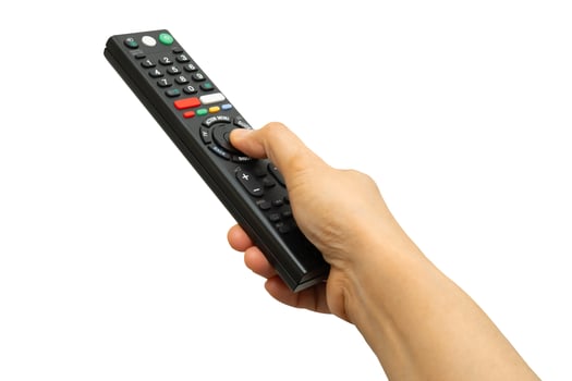 Asian woman use finger of left hand to press button on television remote control isolated on white background with clipping path. photo