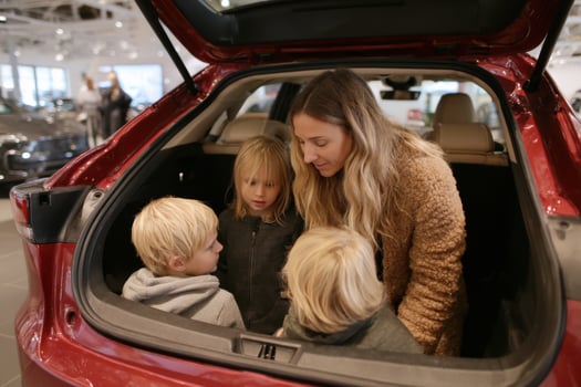A woman and two children in the trunk of a car photo