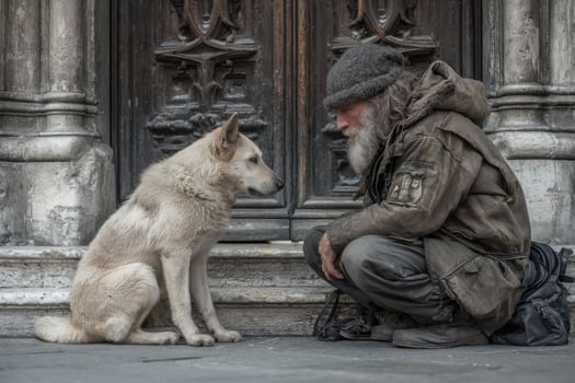 Homeless man and his dog in venice, italy photo