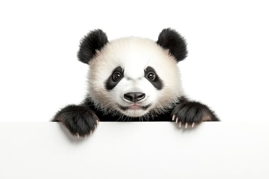 Cute panda peeking over white surface. photo