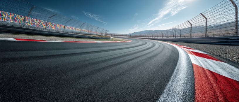 The winding curve of a professional racing track under a clear blue sky. photo