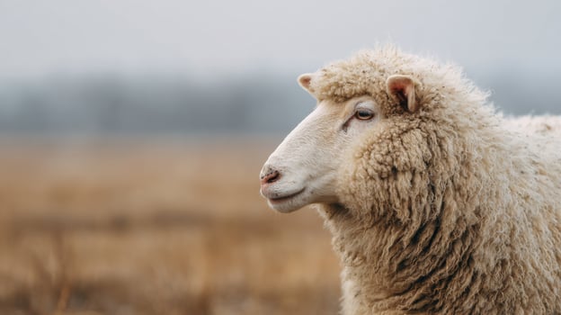 Sheep In A Field On A Foggy Day. Symbol Of Agriculture And Rural Life photo