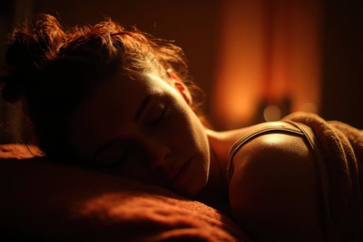 A woman sleeping in a bed with her eyes closed photo