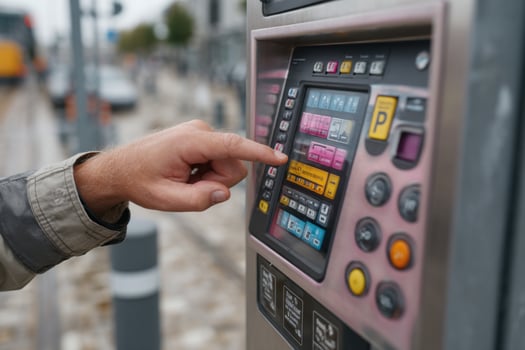 A person touching a ticket machine on a street photo