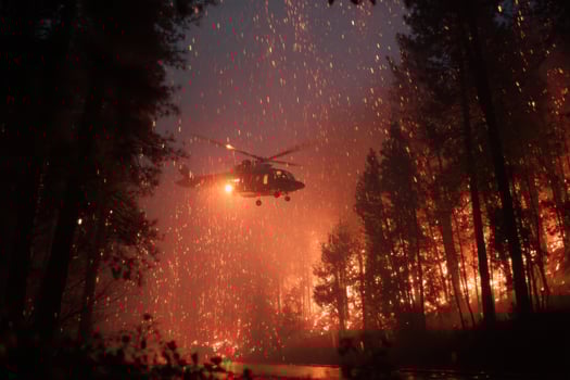 A helicopter flies over a forest fire in the background photo