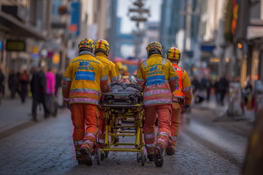 Three men in orange and yellow uniforms carrying a patient on a stretcher photo