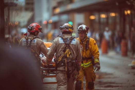 Firefighters carrying a patient on a stretcher photo