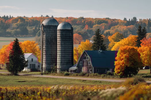 Two silos in the middle of a field with fall foliage photo