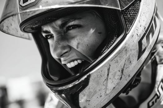 A woman wearing a helmet and holding her mouth photo