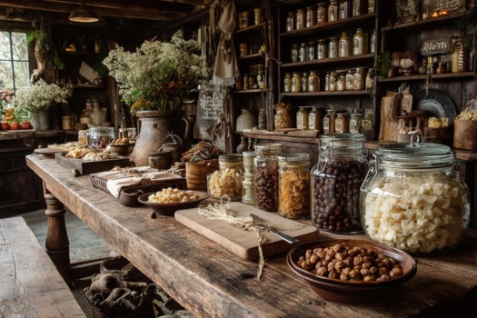 A table filled with jars of nuts and other food photo