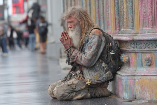 A homeless man praying on the street photo