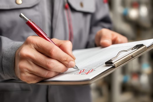 A man in a grey shirt is writing on a clipboard photo