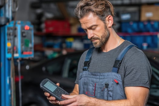 A man in an overalls is holding a cell phone photo