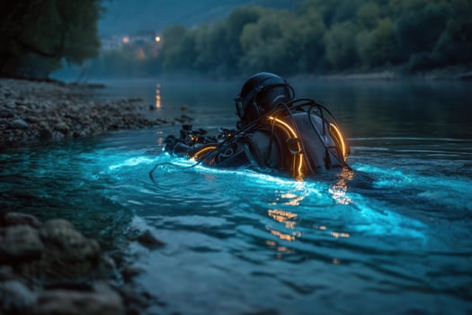 A scuba diver in the water with glowing lights photo