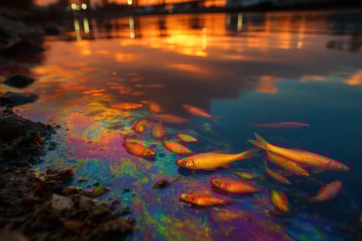 Goldfish swimming in oil at sunset photo