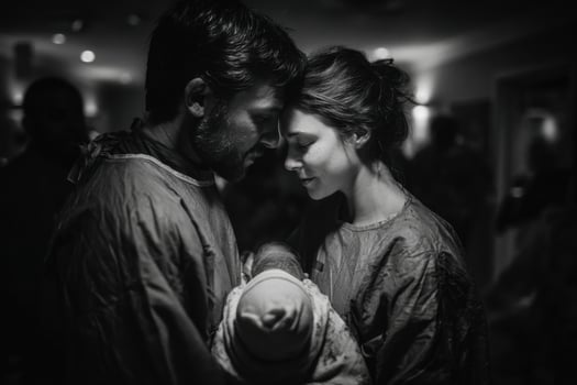 A man and woman holding a baby in a hospital photo