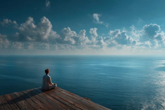 A man sitting on a dock looking out over the ocean photo
