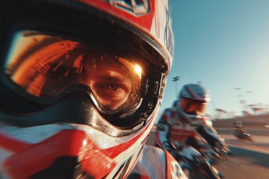 A motorcycle rider is wearing a helmet and goggles photo