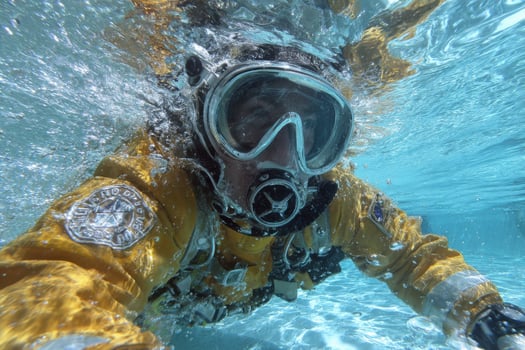 A man in a yellow life jacket and diving gear photo