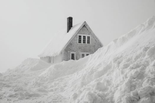 A black and white photo of a house in the snow