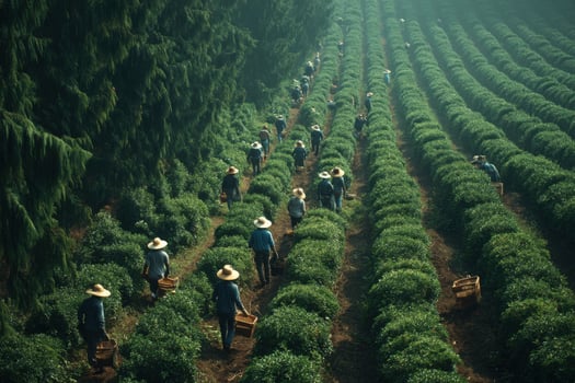A group of people walking through a tea plantation photo