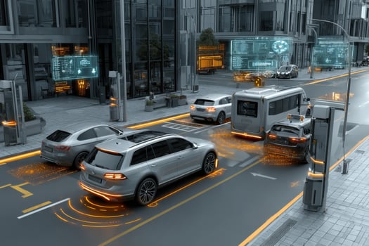 Autonomous vehicles driving on a city street photo