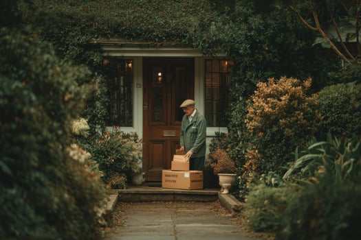 A man carrying a box into a house photo