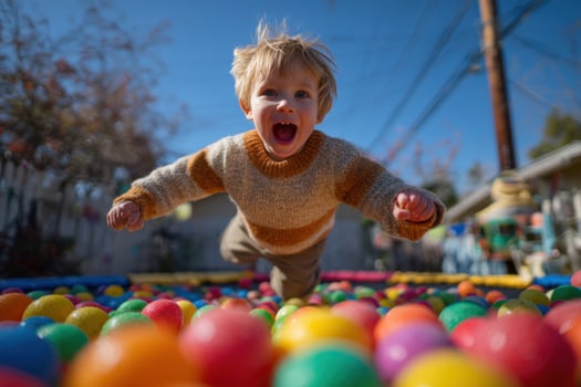 A young boy is jumping in a ball pit photo
