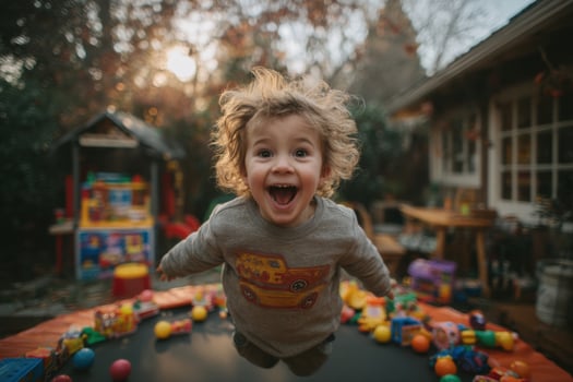 A young boy is jumping on a trampoline photo