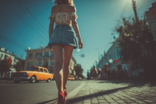 A woman walking down the street in high heels photo