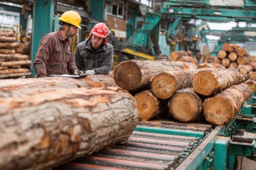Two men in hard hats standing next to logs on a conveyor belt photo