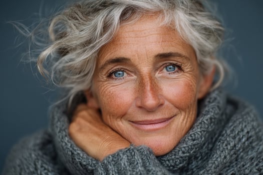 An older woman with gray hair and blue eyes photo