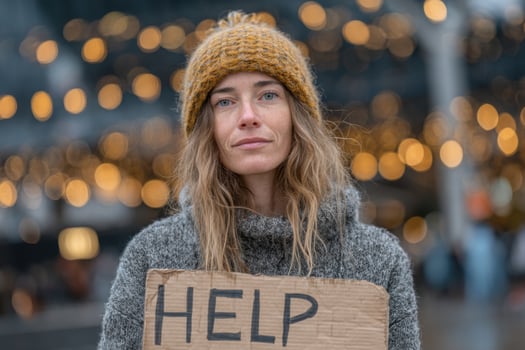 A woman holding a sign that says help photo