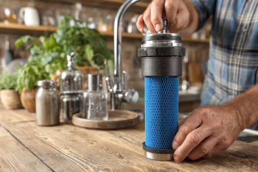 A man is using a blue filter on a kitchen sink photo