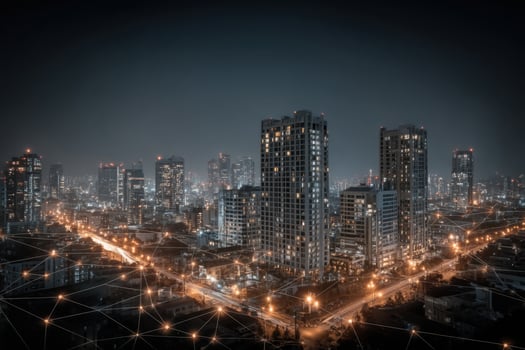 A city at night with lights and network lines photo