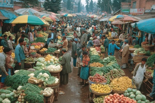 A large market with many people and lots of fruits and vegetables photo