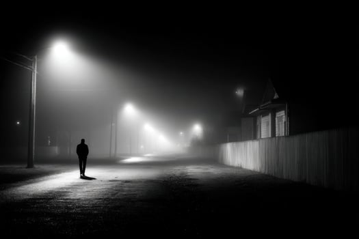 A man stands alone in the dark on a foggy street photo