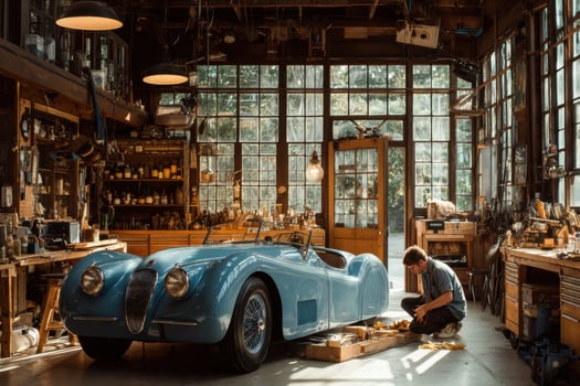 A man working on a vintage car in a garage photo