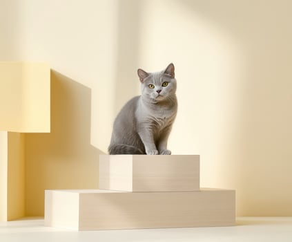 Elegant gray cat sitting minimalist stepped blocks soft light photo